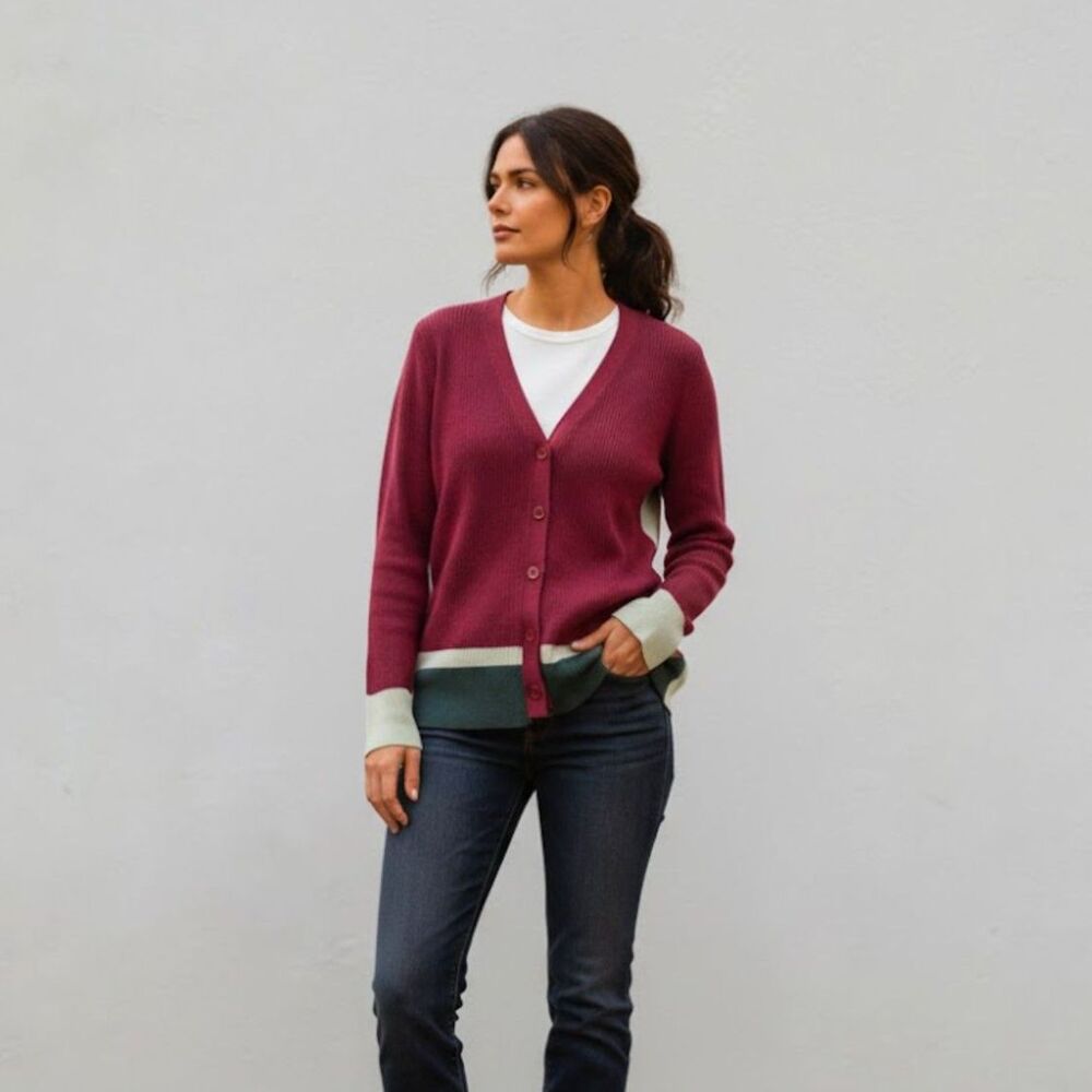 Design History Button Down Magenta Green Cardigan Sweater Size Medium NWT